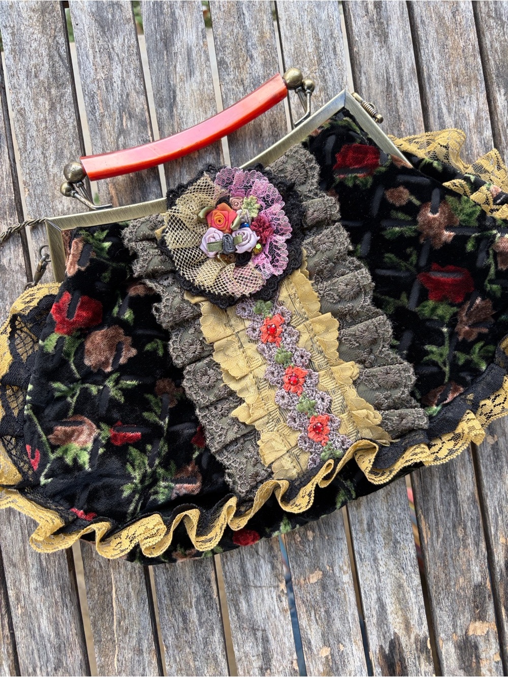 Whimsygoth Malina Qianhui Victorian Style Floral Velvet Lace Shoulder Bag